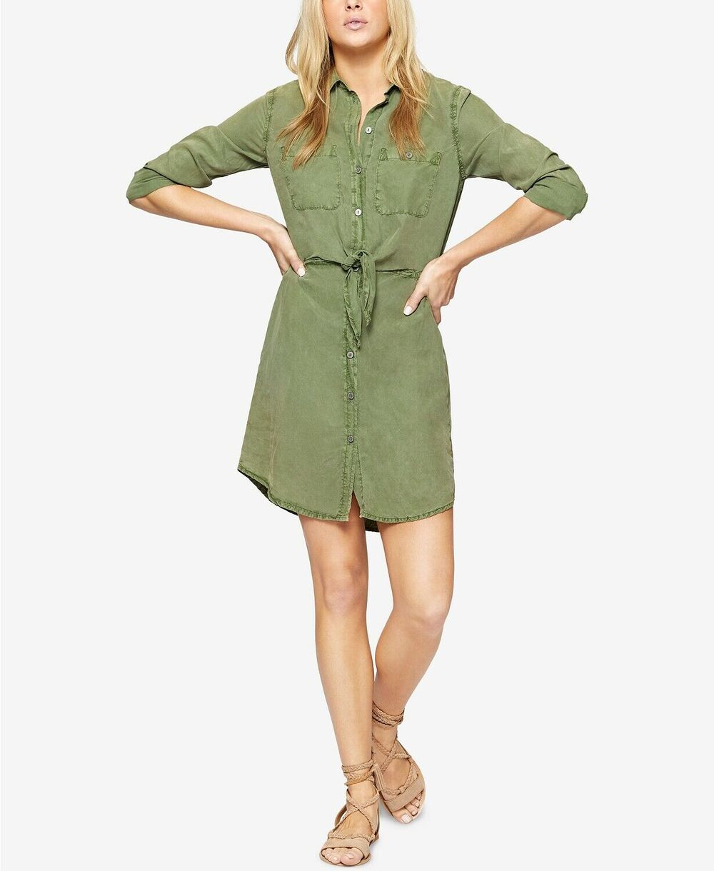 Sanctuary Forget Me Knot Shirtdress Tie Front Long Sleeve Green Small